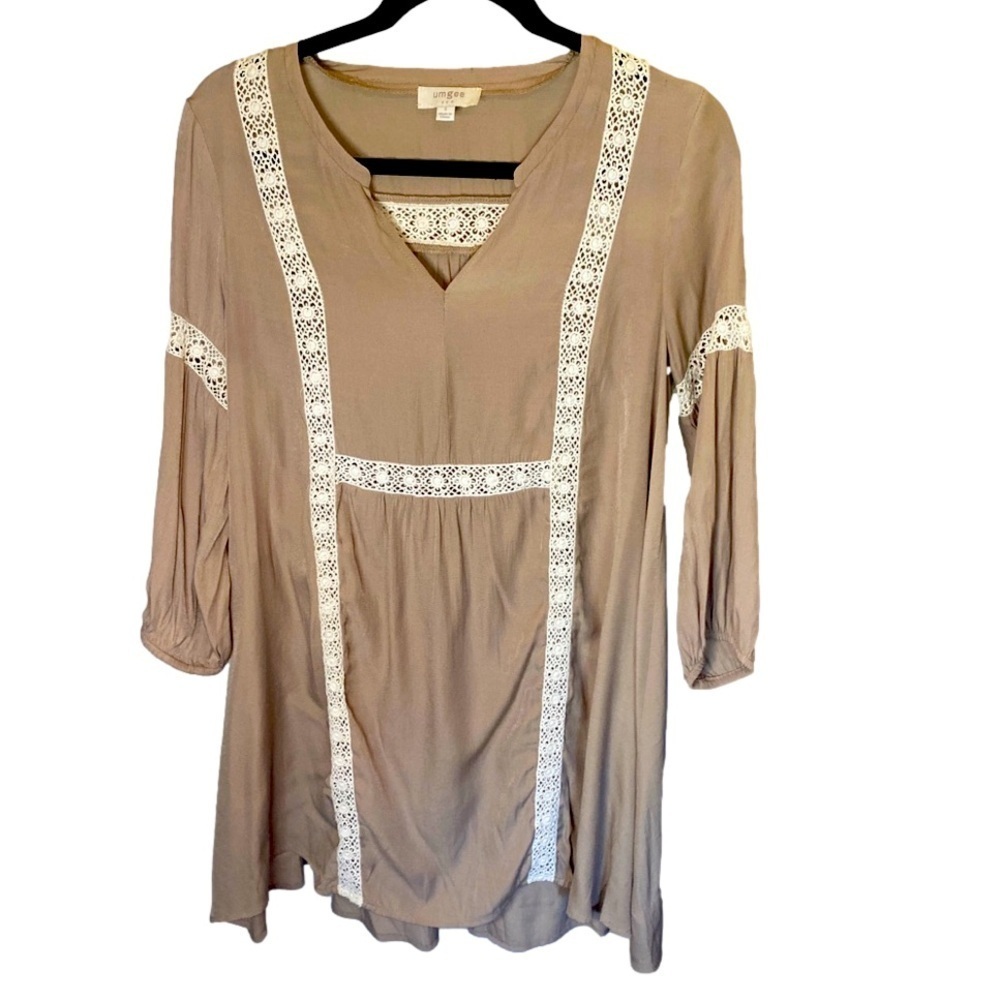 Umgee size s tunic top with crochet sections in taupe color